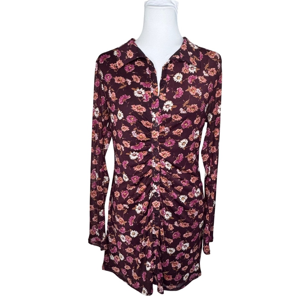 Floral Mesh Ruched Button Front Floral Collared Boho Y2K Mini Dress Burgundy XXL
